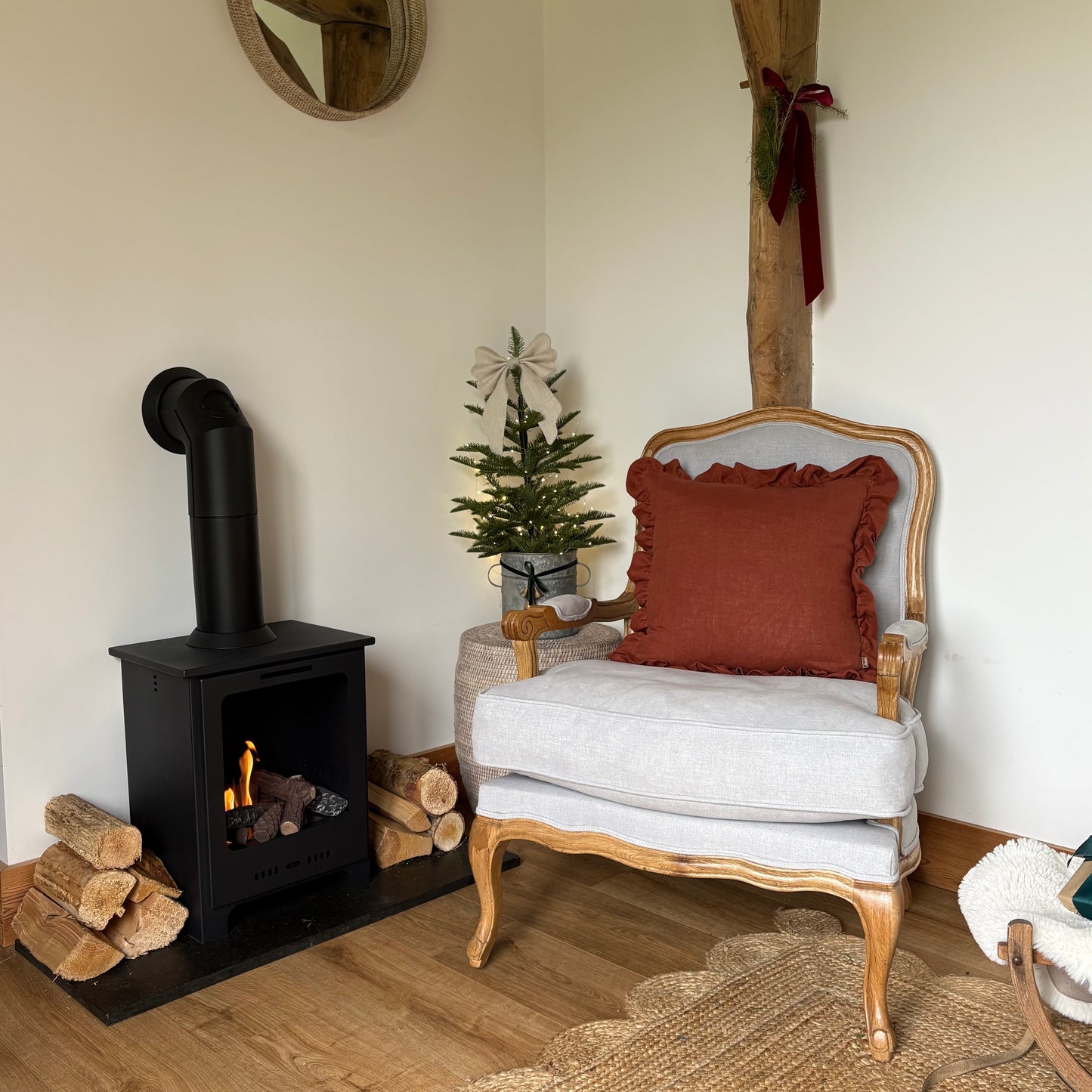 Bardney Armchair with Natural Linen and distressed solid oak frame