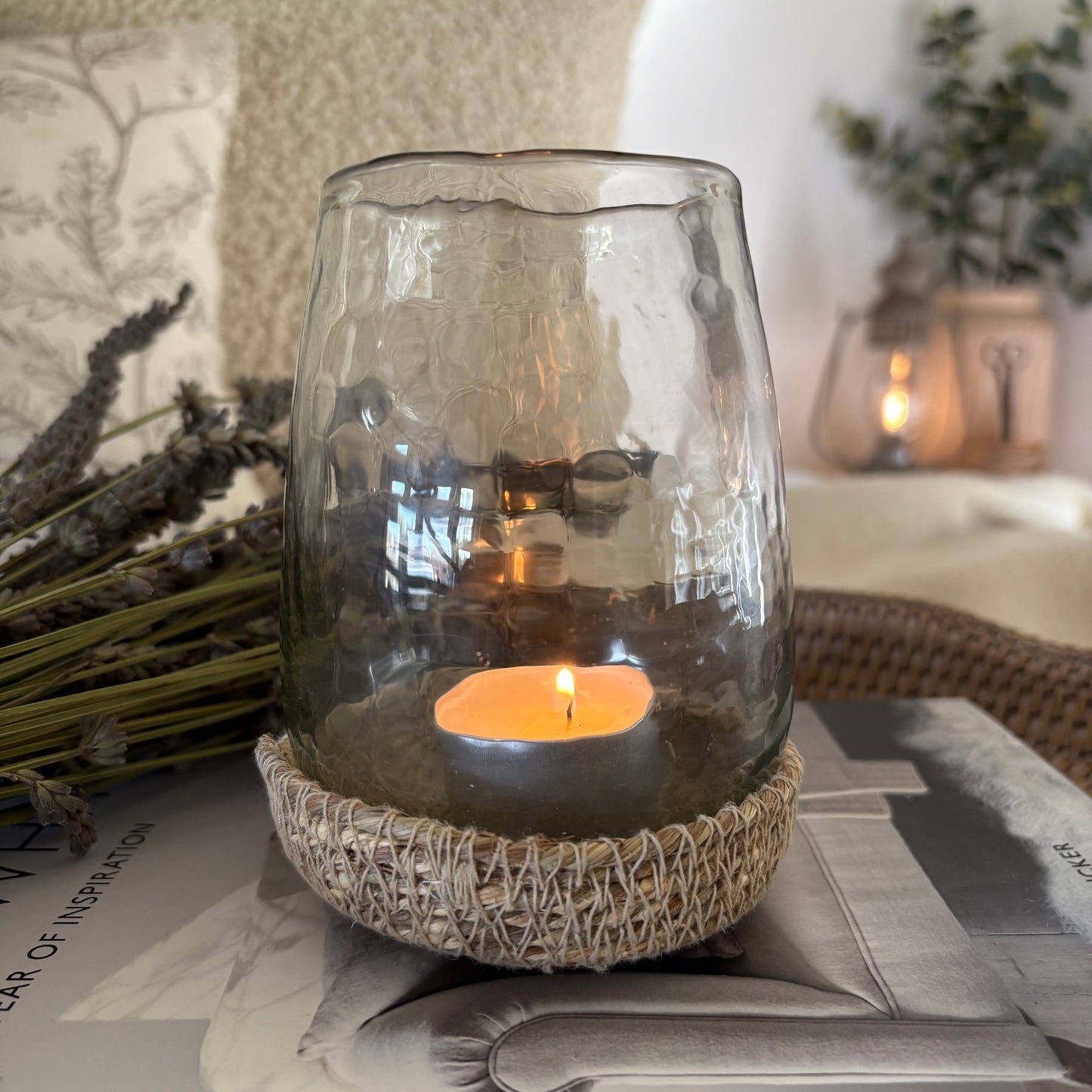 Hammered Glass Tea Light in Jute Basket