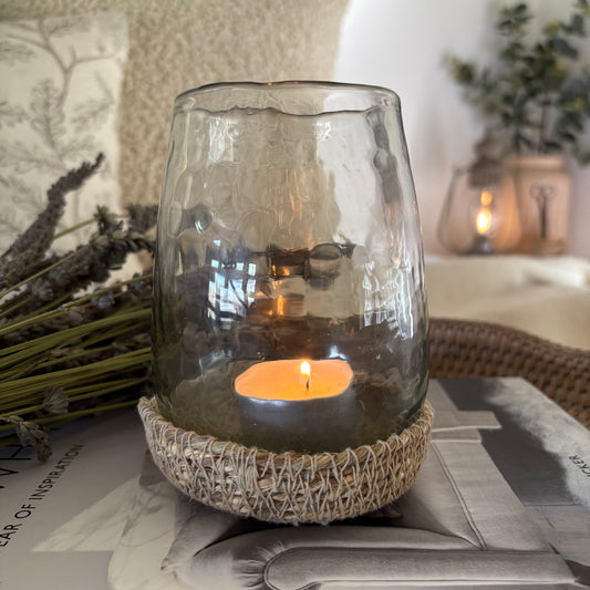 Hammered Glass Tea Light in Jute Basket