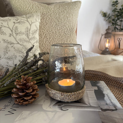 Hammered Glass Tea Light in Jute Basket